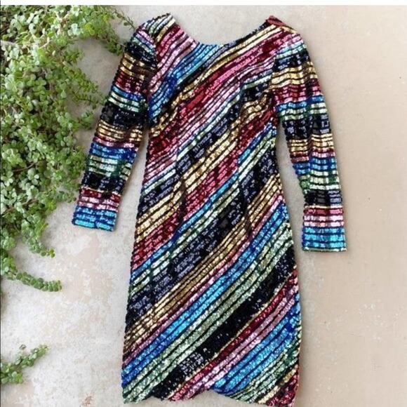 ALCOOLIQUE Peyton Tubolar Black Rainbow Stripe Sequin Mesh Mini Backless Dress 4 - Picture 3 of 8